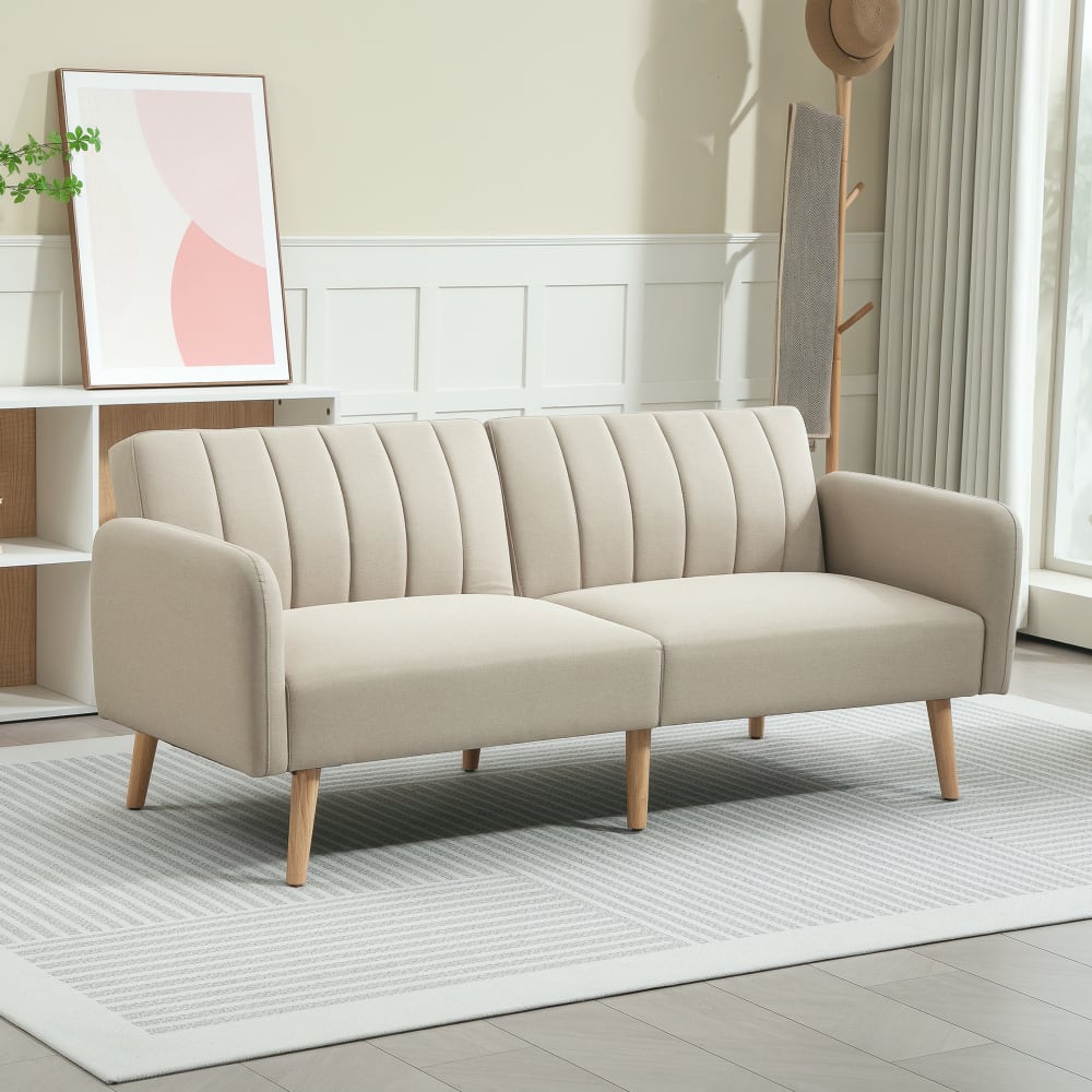Canapé convertible 2 places design scandinave bois tissu beige