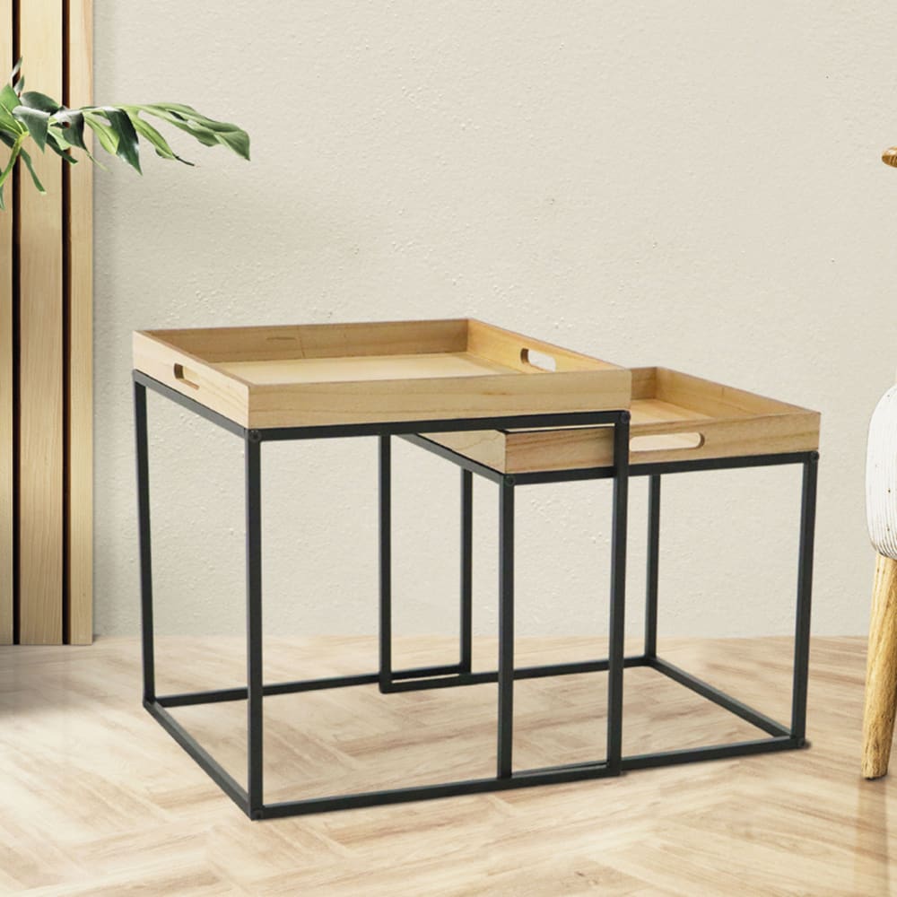 Set de 2 tables basses gigognes bois et métal noir 40x40x42cm - Maisons du Monde