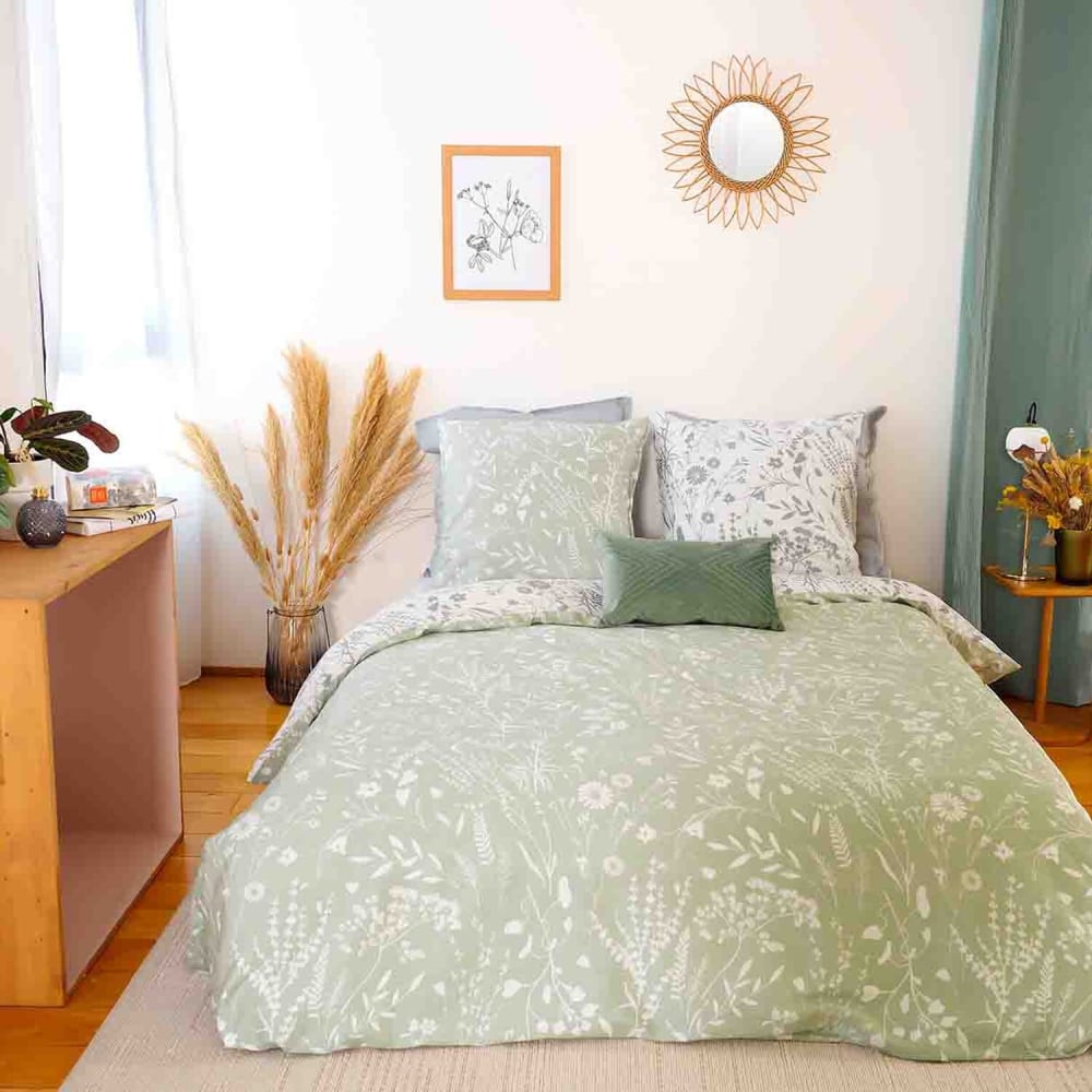 Parure housse de couette satin de coton imprimée + 2 taies 240x220 cm