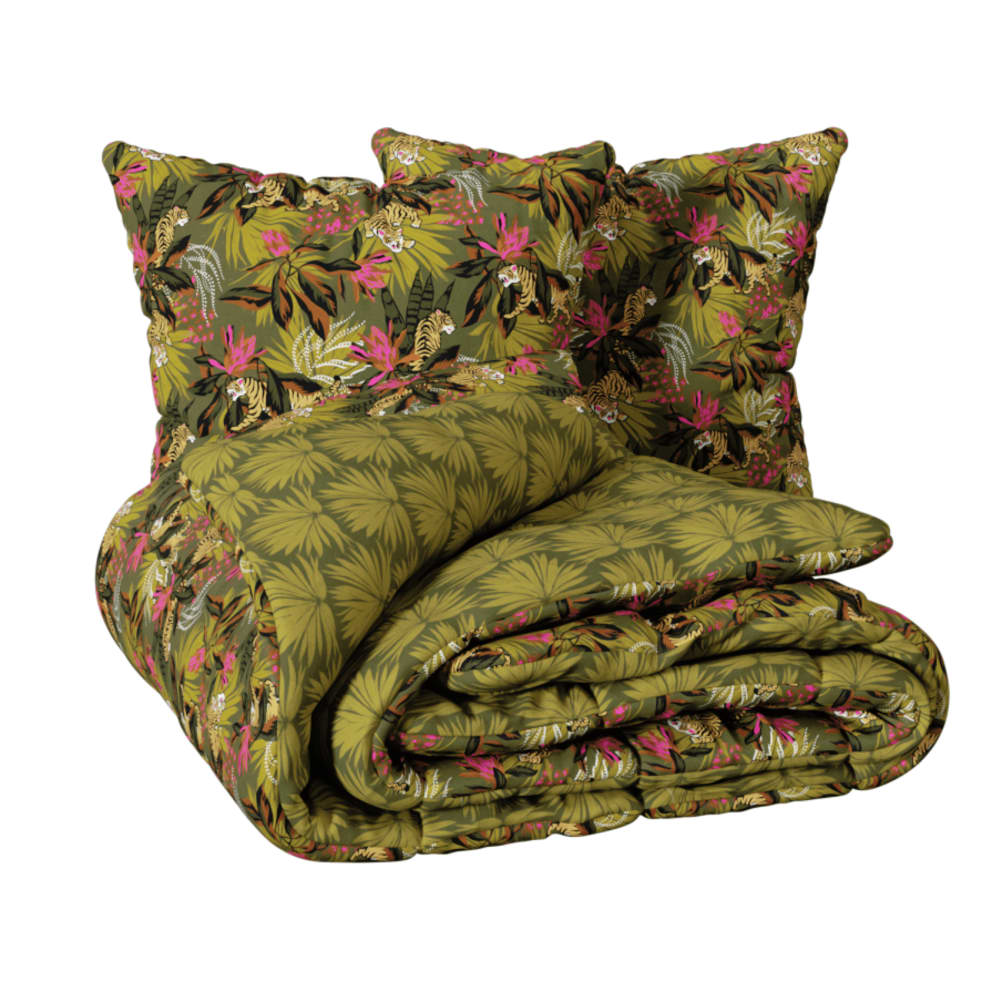Parure de lit 3 pièces imprimée tropical coton kaki 240x220 cm