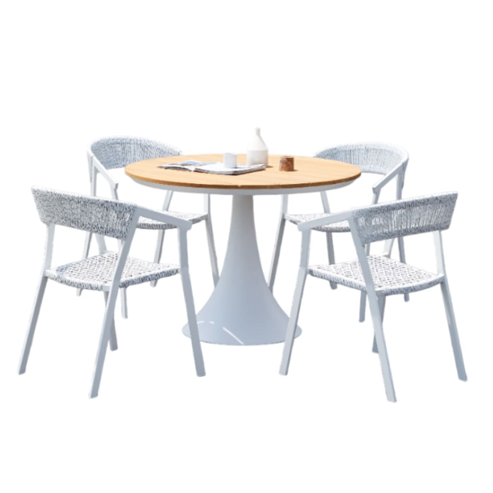 Au jardin de Chloé Table de jardin ronde avec plateau teck blanche D110 x H74,5cm - Aluminium