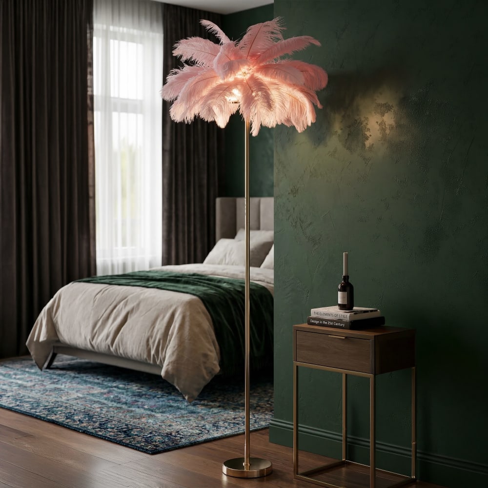 lampara de pie con plumas rosa cm o 55x160