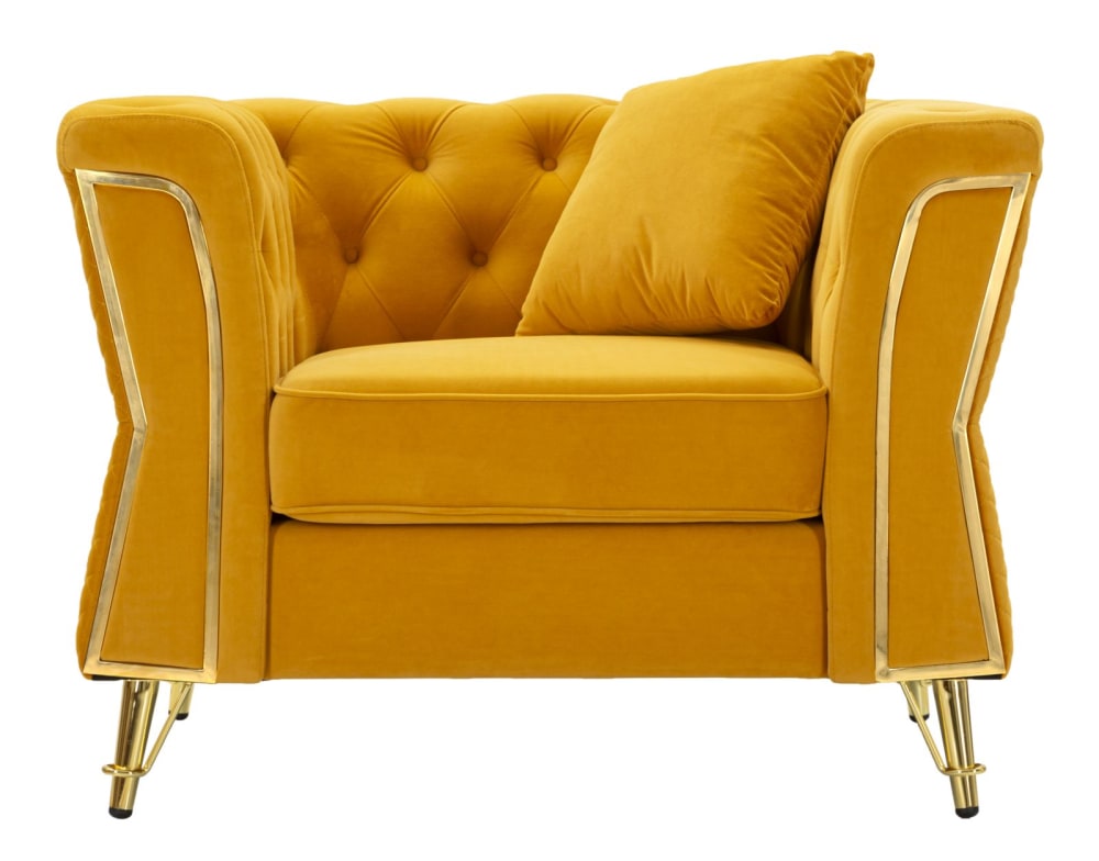 Fauteuil en métal et velours moutarde avec coussin 104x83x76 cm