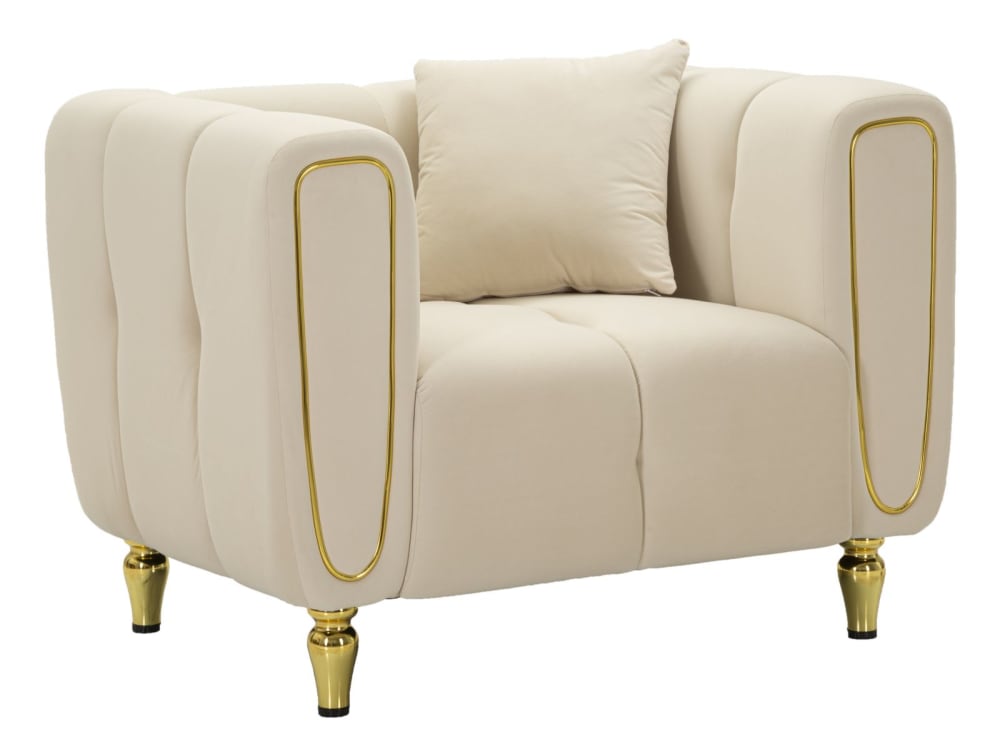 Fauteuil en métal doré et velours crème avec coussin 97x81x71 cm