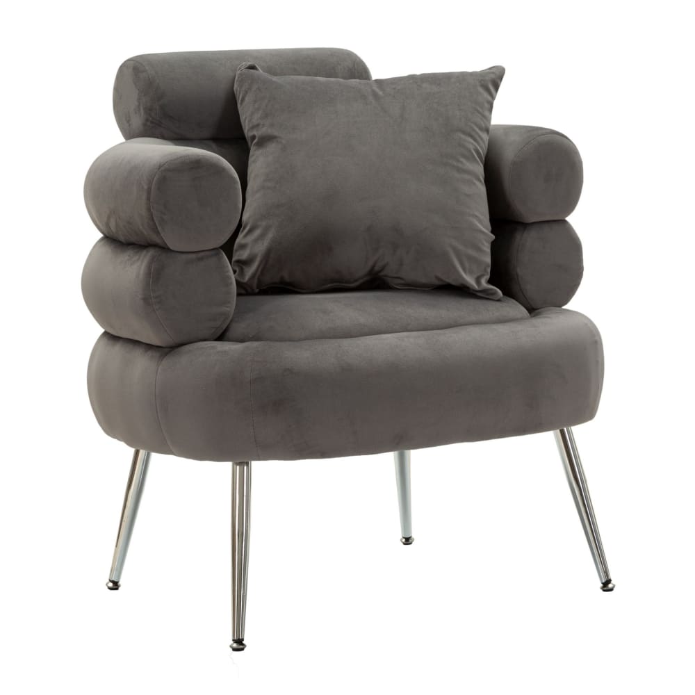 Fauteuil en métal argenté et velours gris avec coussin 78x68x85 cm