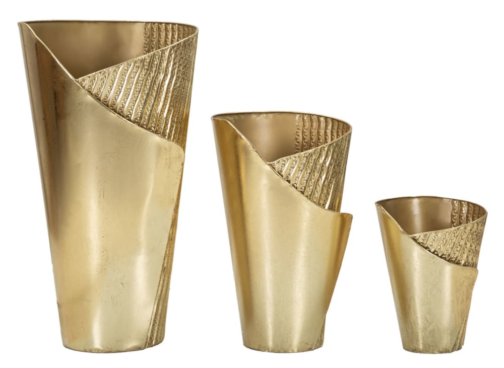 Goldfarbener Metall-Pflanztopf 39X42X75-32X32X55-25X25X35 cm. -