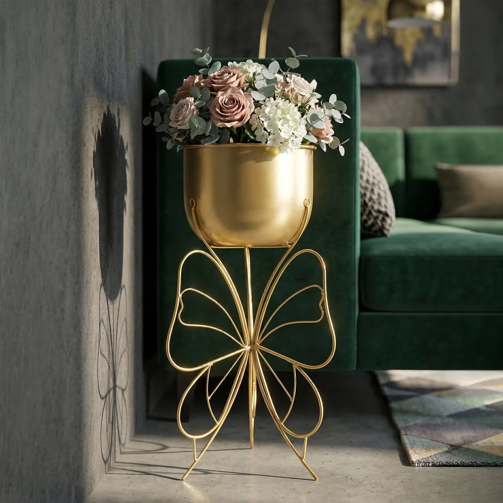 maceteros de metal dorado con mariposa cm o 22x45