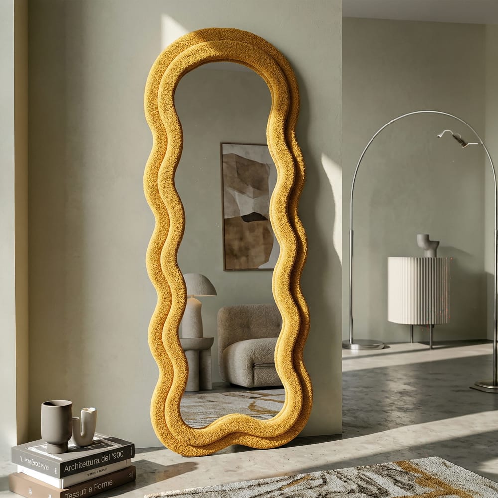 Mauro Ferretti Senfgelber Bouclè-Wandspiegel 60x4x160cm style classic chic - Holz