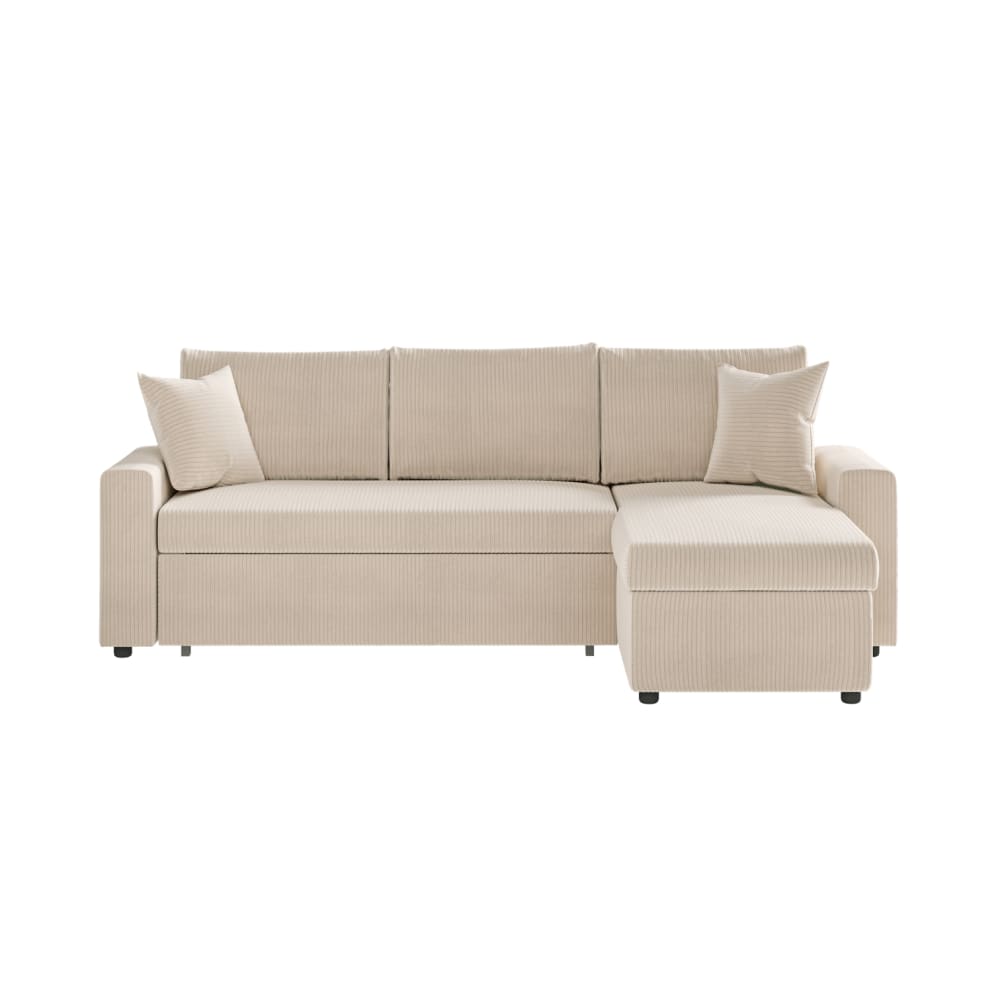 Canapé d'angle convertible coffre marron en velours côtelé - Écru