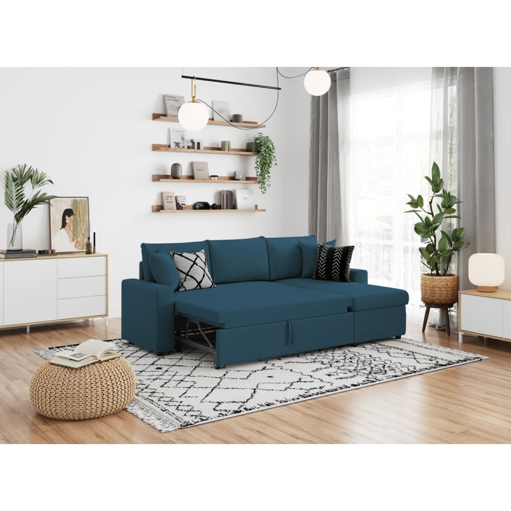 Canapé d'angle convertible coffre marron en tissu - Bleu