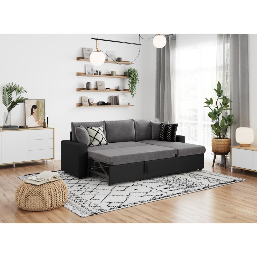 Canapé d'angle convertible coffre marron, simili microfibre gris/noir - Maisons du Monde