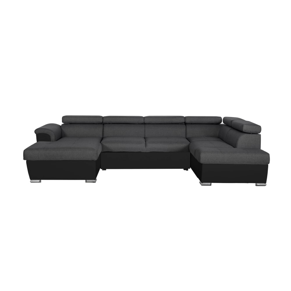 Canapé d'angle panoramique simili/tissu gris/noir - méridienne 188cm