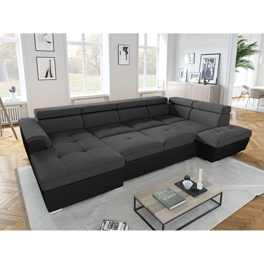 Canapé d'angle panoramique simili/tissu gris/noir - méridienne 188cm