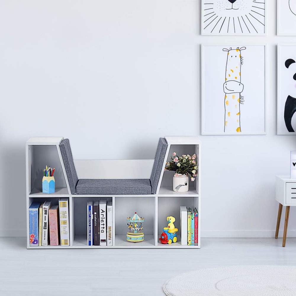 Bibliothèque blanche pour enfant avec coussin 102,5 x 30 x 63,5 cm