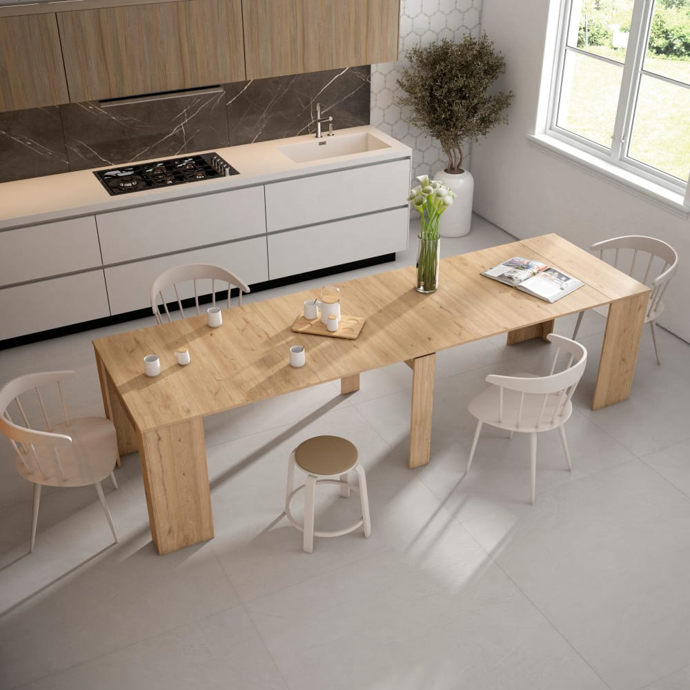 Table auxiliaire extensible effet bois de chêne 302x90x77cm