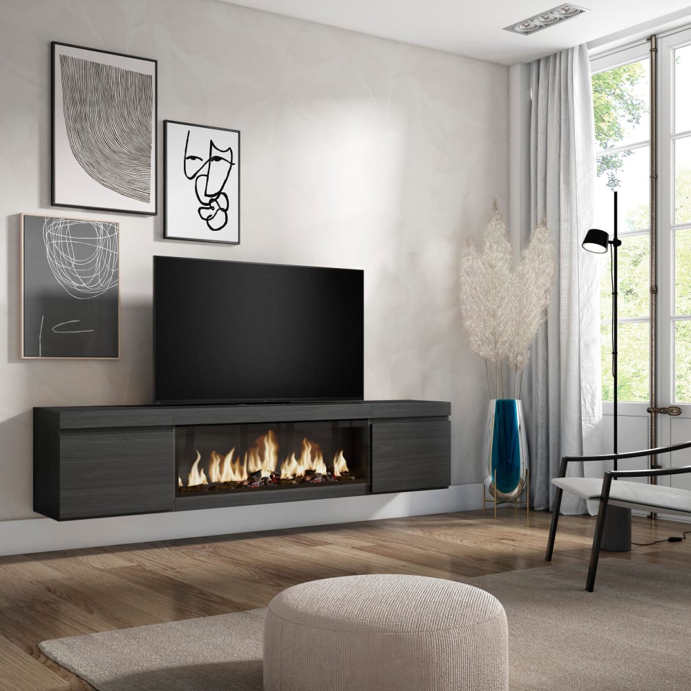 Meuble tv effet bois noir 208x35x45cm cheminée effet feu XXL