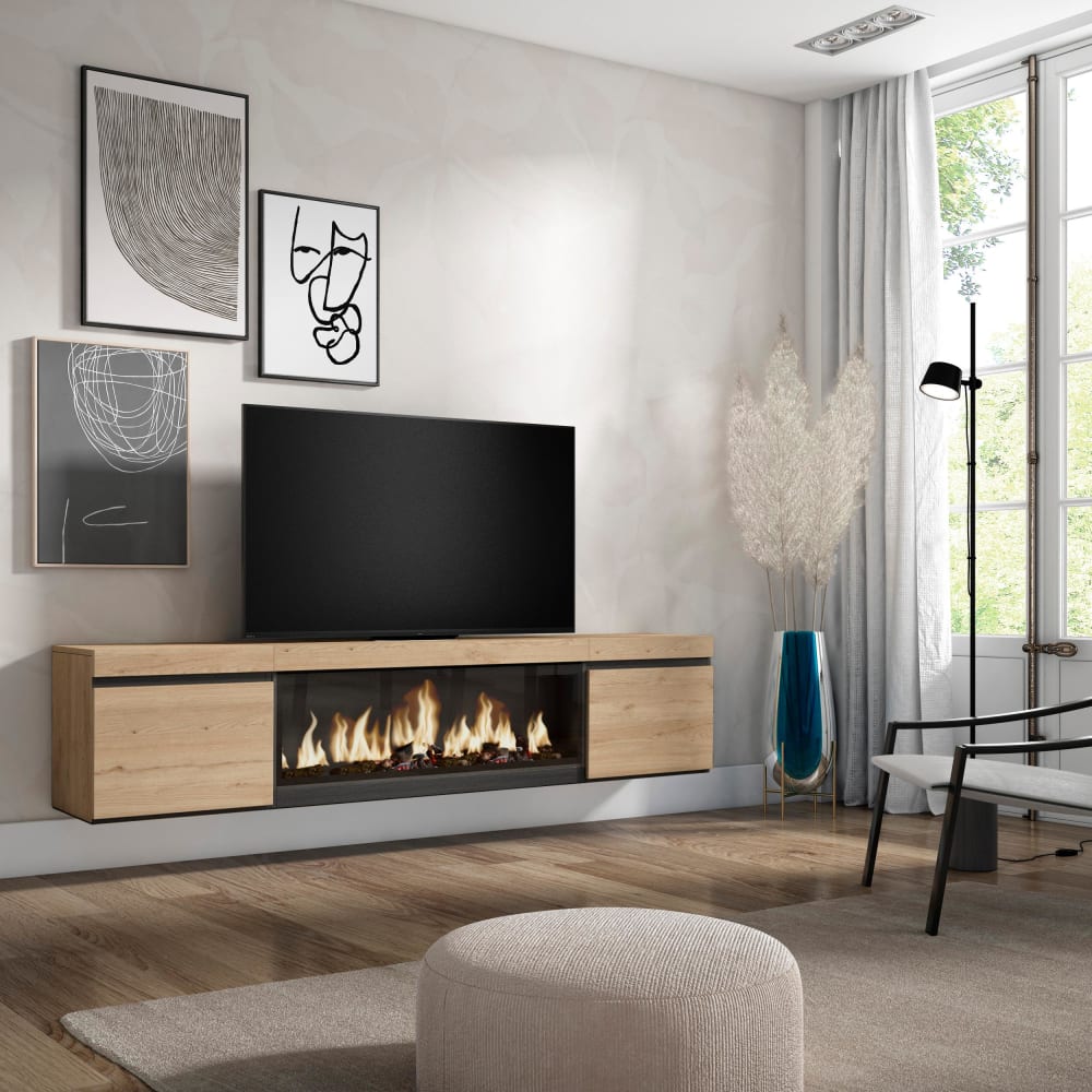Meuble tv effet bois de chêne 208x35x45cm cheminée effet feu XXL