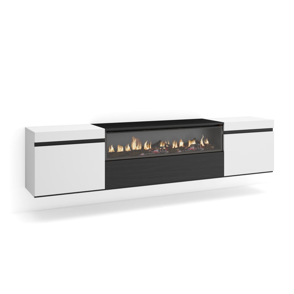 Meuble tv effet bois blanc et noir 200x45x35cm cheminée effet feu