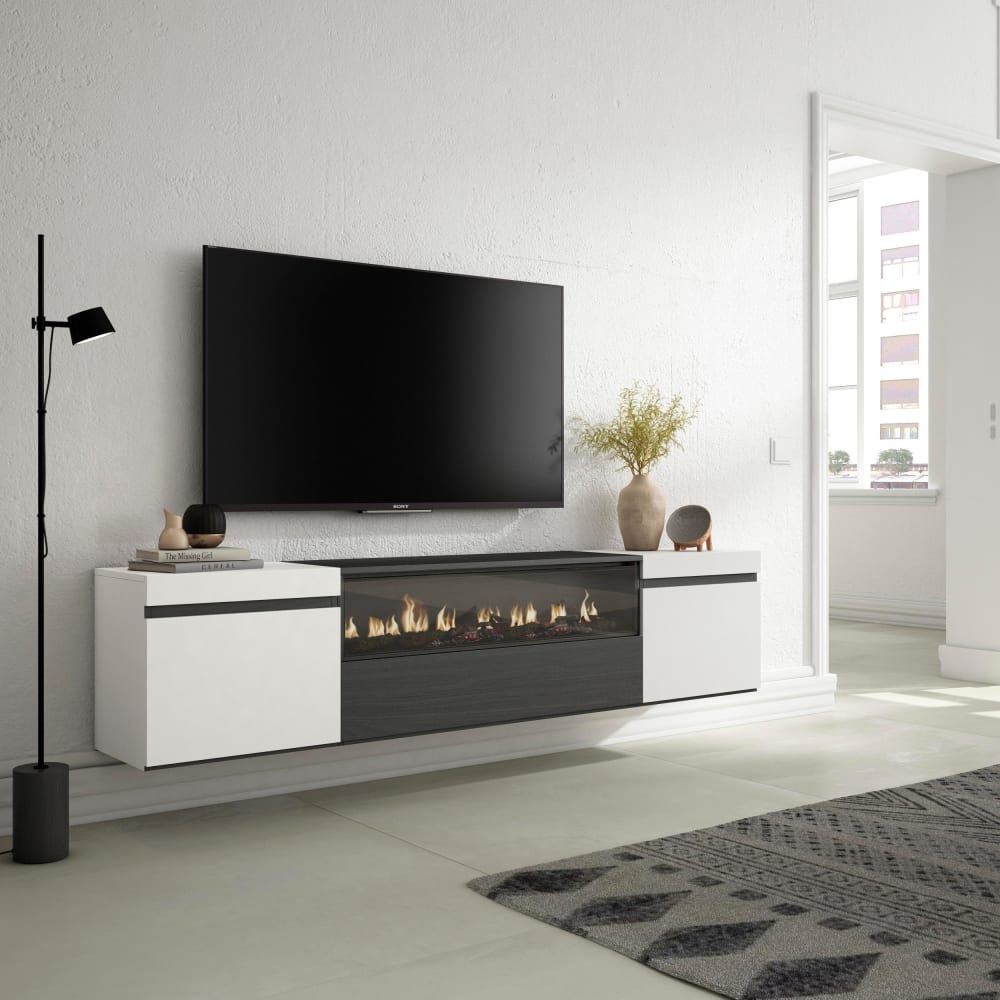 mueble tv efecto madera blanco y negro 200x35x45 chimenea efecto fuego