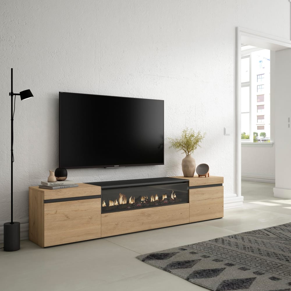 TV-Möbel Holzeffekt Kamin mit Feuereffekt 200x35x45 Eiche und