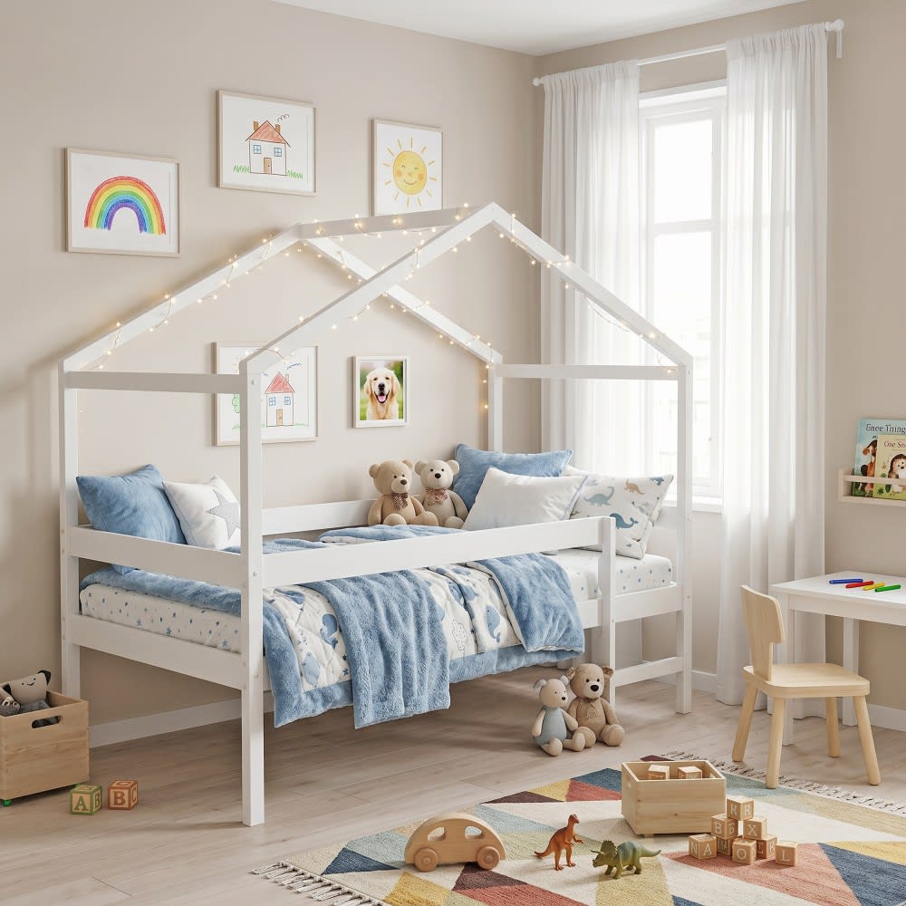 Lit cabane en épicéa massif avec matelas, blanc, 90x190 cm - Maisons du Monde