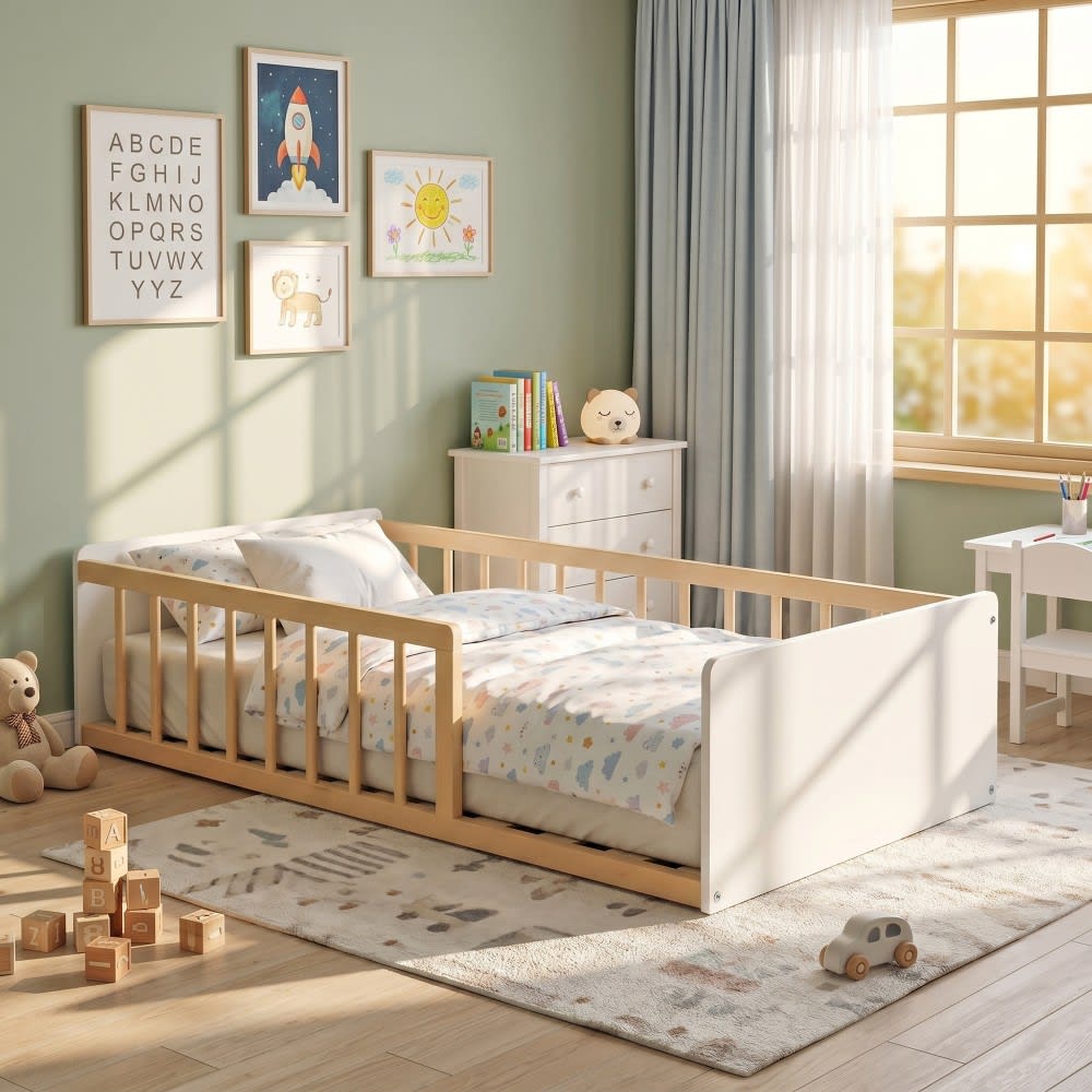 Lit avec sommier, blanc et bois clair, 80x160 cm - Maisons du Monde