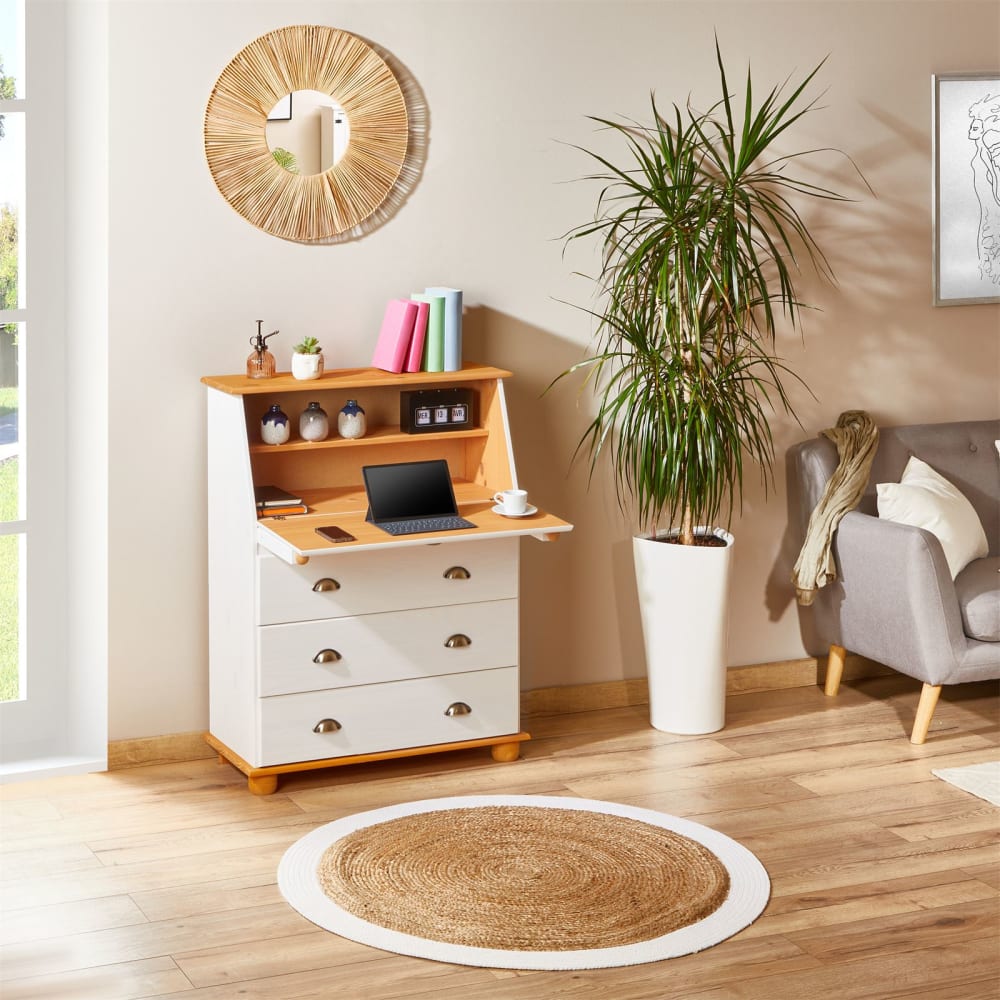 Bureau secrétaire plateau refermable en bois massif blanc/brun