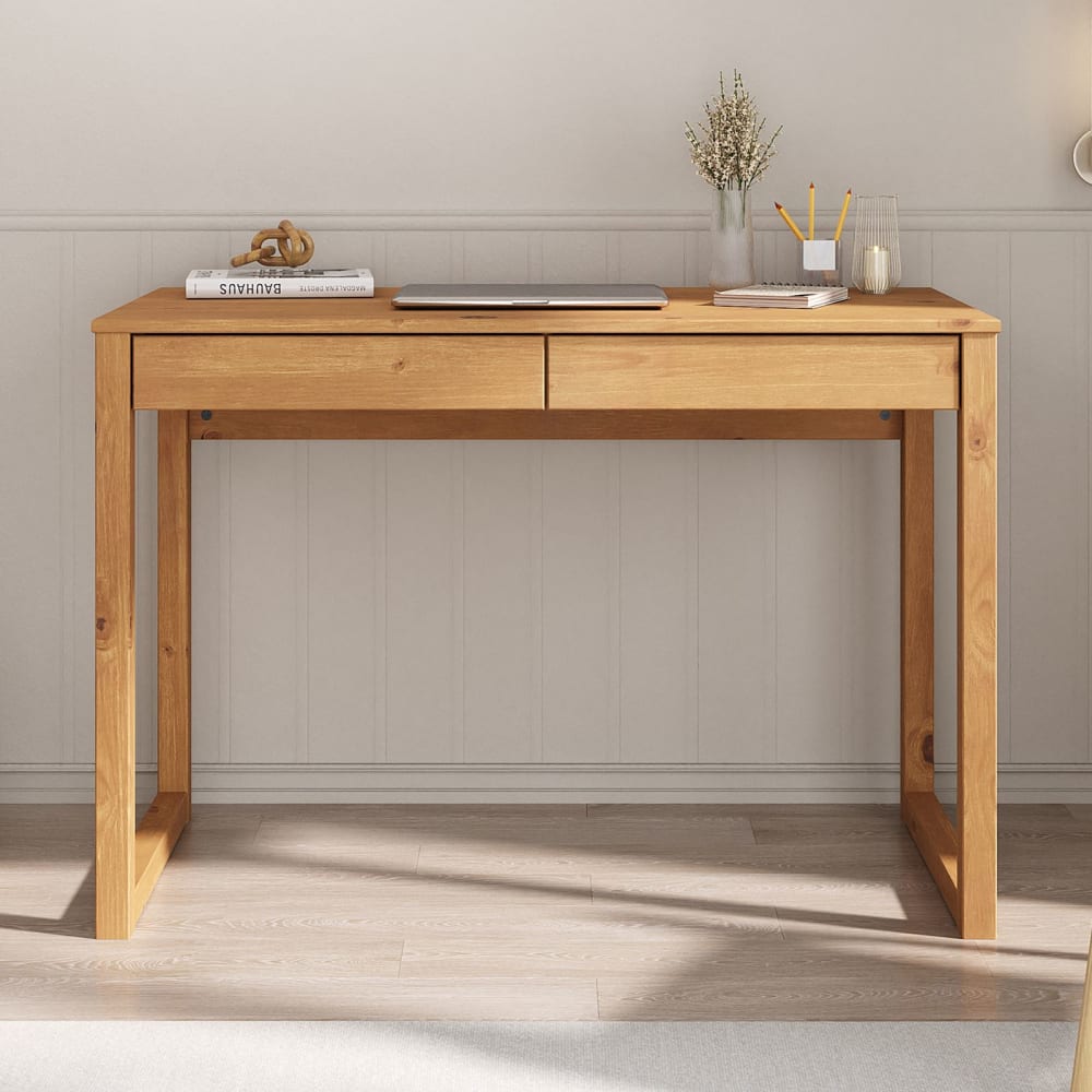 Schreibtisch mit zwei Schubladen aus Kiefer, braun - Maisons Du