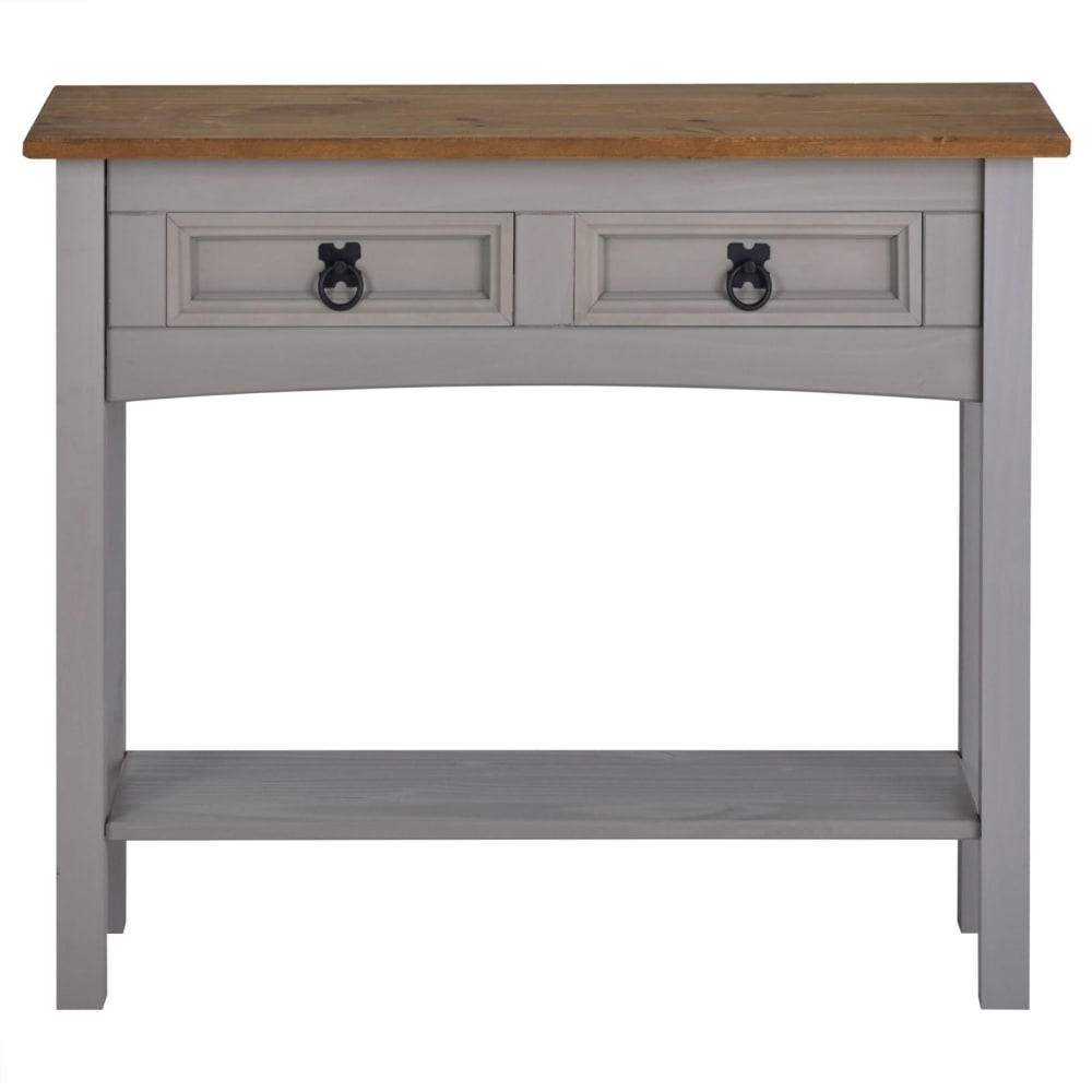 Table console 2 tiroirs en bois massif, gris et naturel