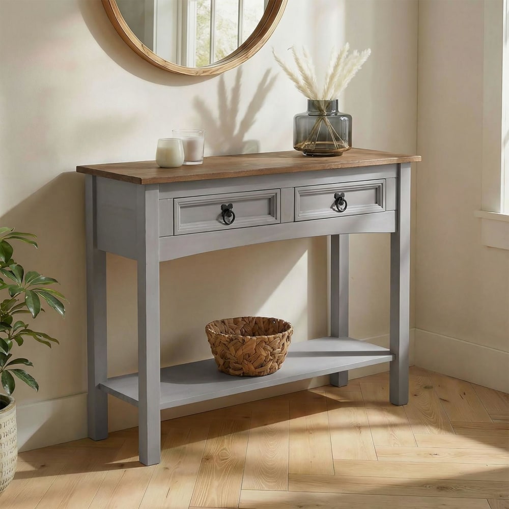 Table console 2 tiroirs en bois massif, gris et naturel