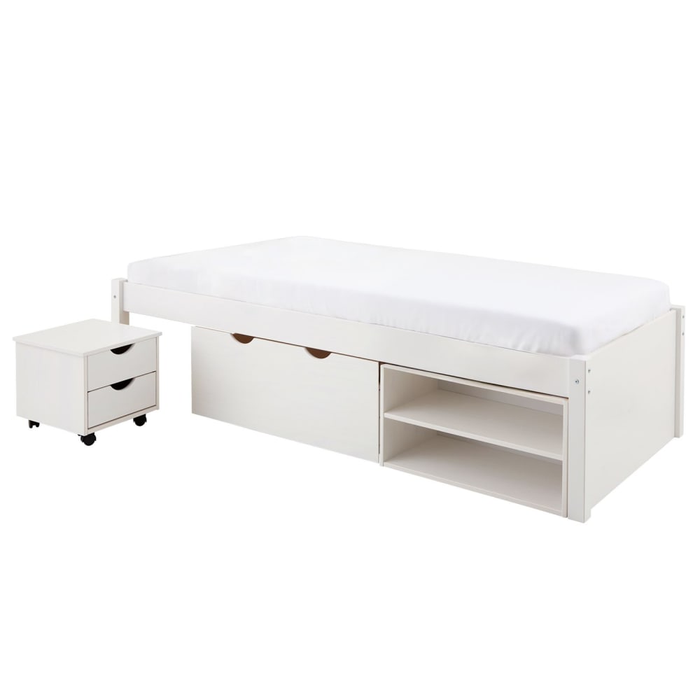 Lit avec rangements et chevet, en bois massif, blanc, 90 x 190 cm