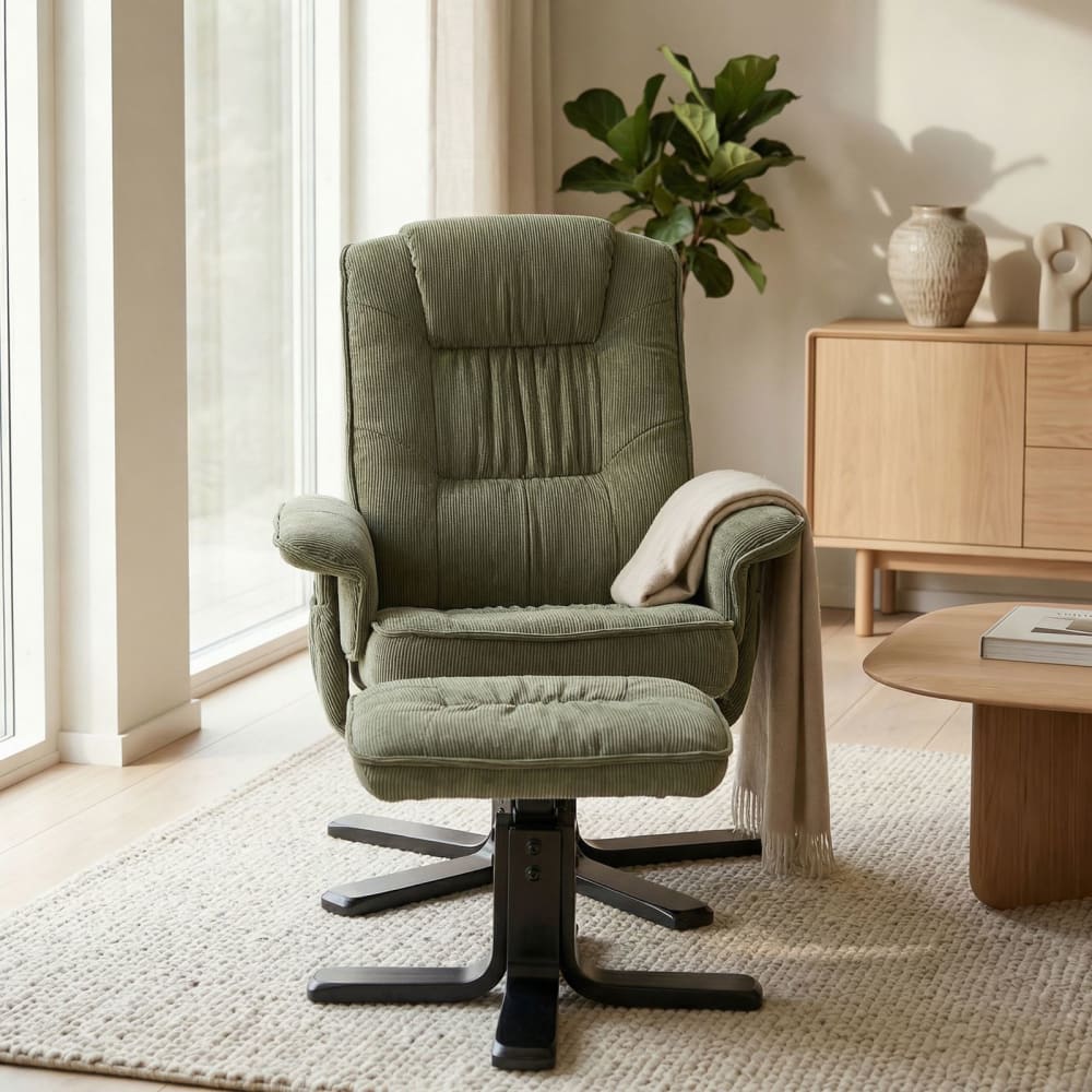 Fauteuil de relaxation avec repose-pieds en velours côtelé, vert/noir