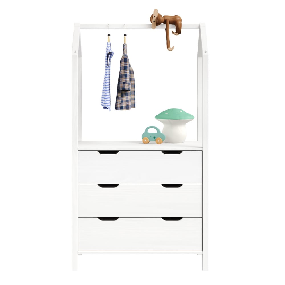 Commode enfant montessori 3 tiroirs 1 tringle en bois massif, blanc - Maisons du Monde
