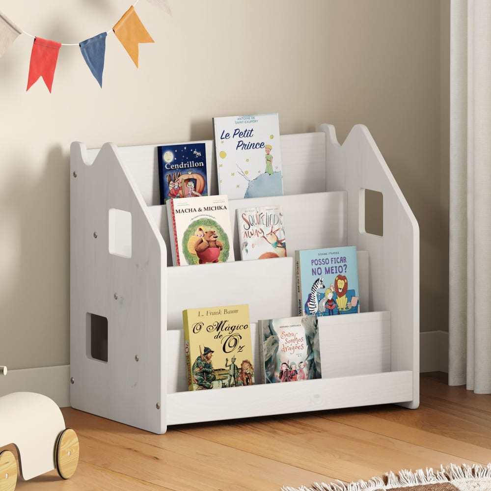 Bibliothèque enfant 4 compartiments en bois massif, blanc