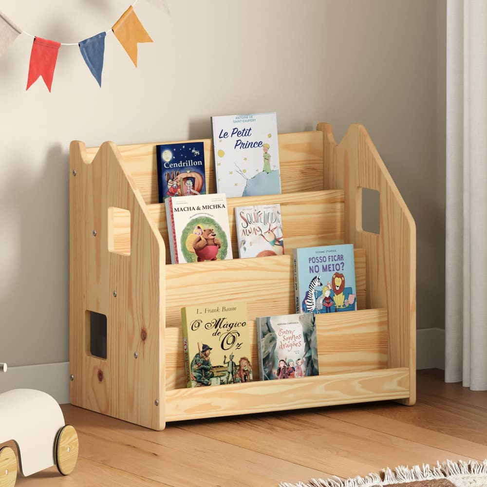 Bibliothèque enfant 4 compartiments en bois massif, coloris naturel