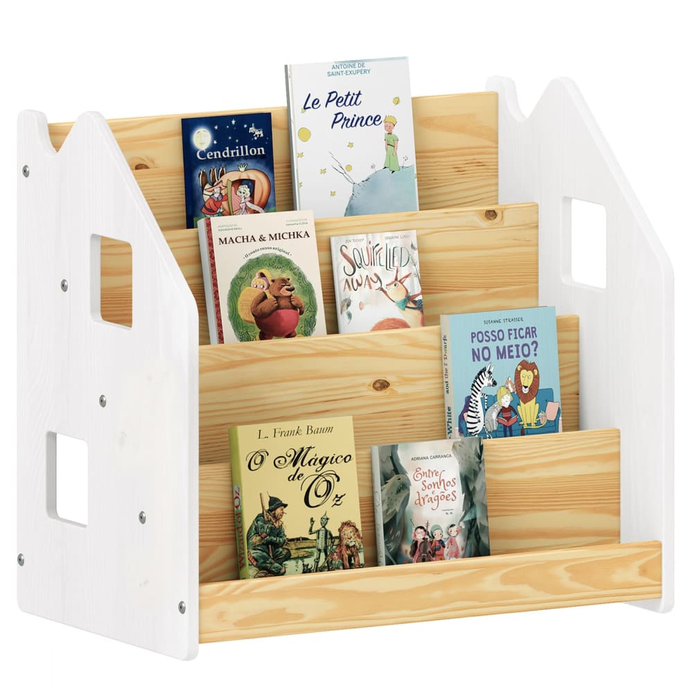 Bibliothèque enfant 4 compartiments en bois massif, naturel/blanc