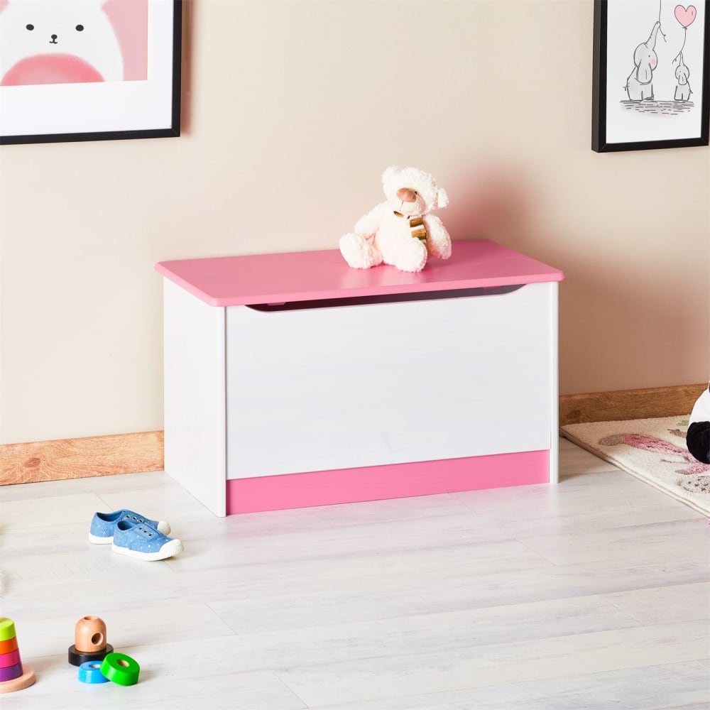 Spielzeugtruhe mit Klemmschutz aus Kiefer, weiß/rosa - Maisons Du