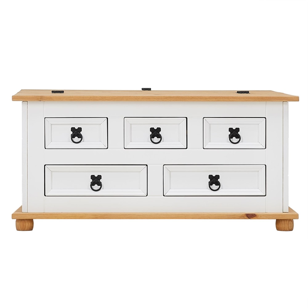 Table basse 5 tiroirs en bois massif, blanc/brun