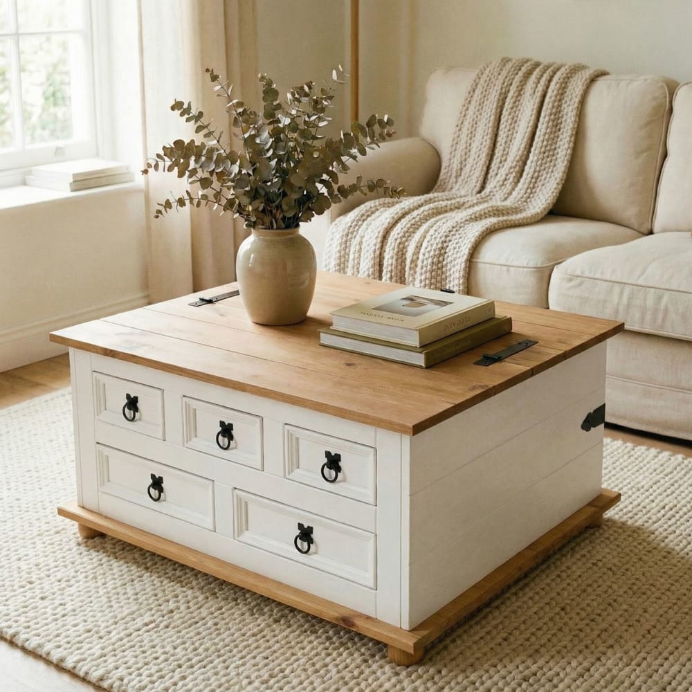 Table basse 5 tiroirs en bois massif, blanc/brun - Maisons du Monde
