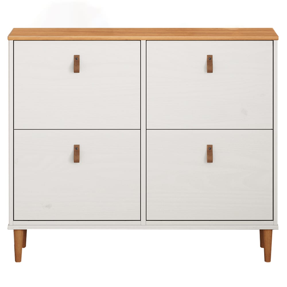 Meuble à chaussures 4 abattants en bois massif, blanc/chêne