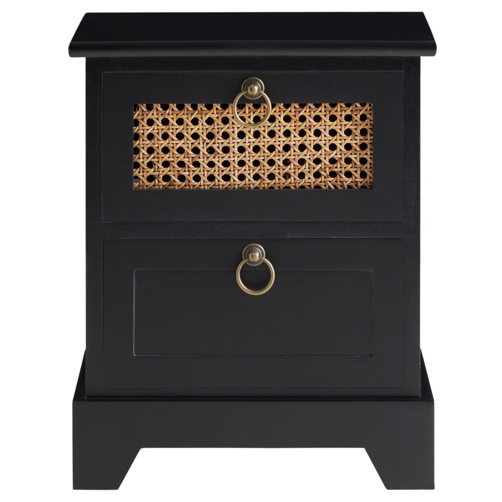 Table de chevet 2 tiroirs avec cannage, en bois, noir