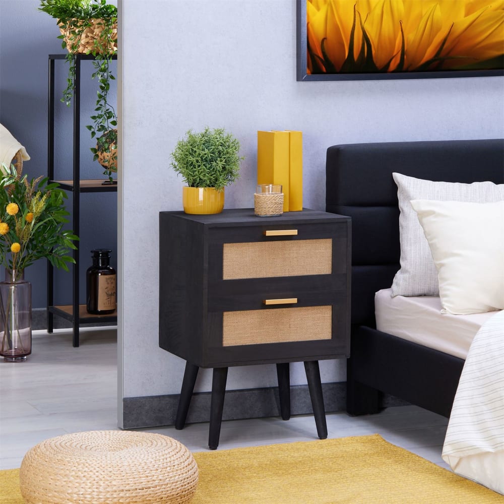 Table de nuit 2 tiroirs avec insert en lin en bois, noir - Maisons du Monde