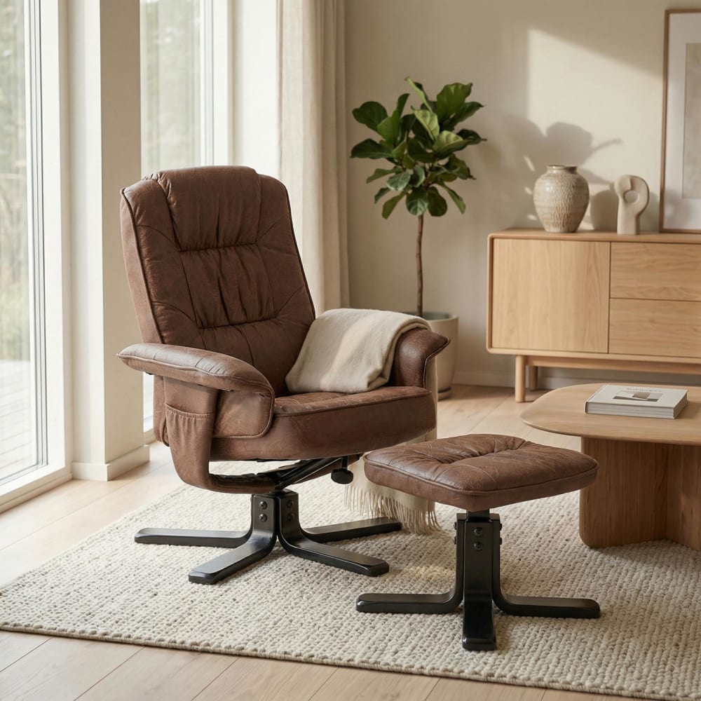 Fauteuil avec repose-pied en simili cuir, vintage/noir