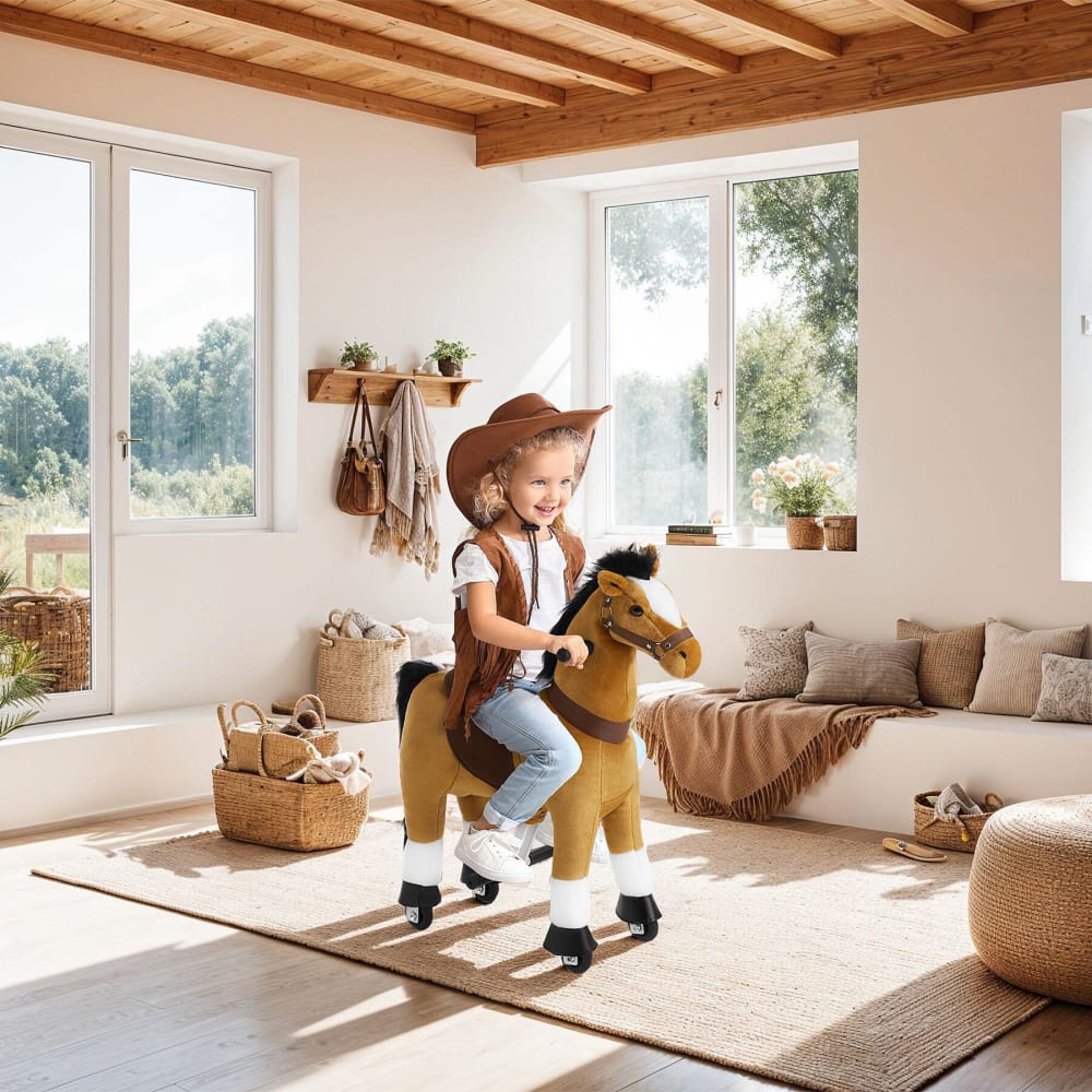 Cheval à bascule en peluche sur roulettes avec pédales antidérapantes
