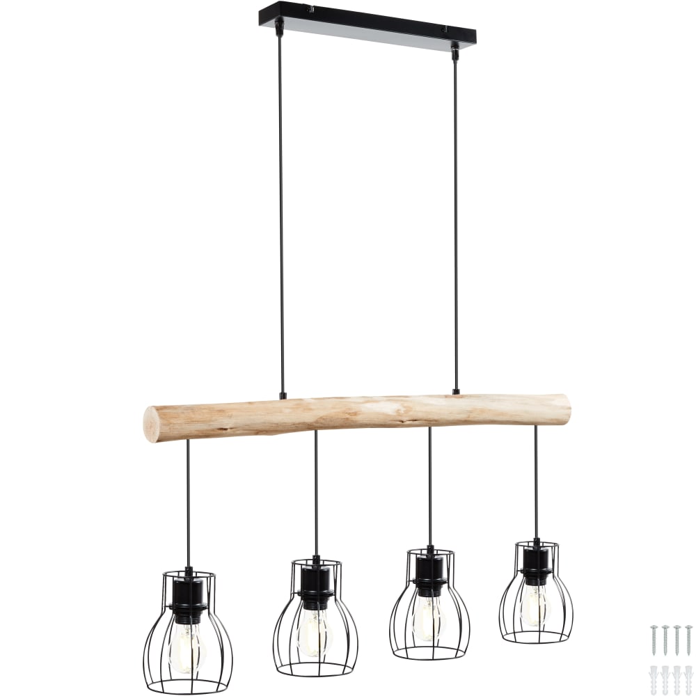 Lampes suspendues style industriel poutre en bois et 4 ampoules 40 W