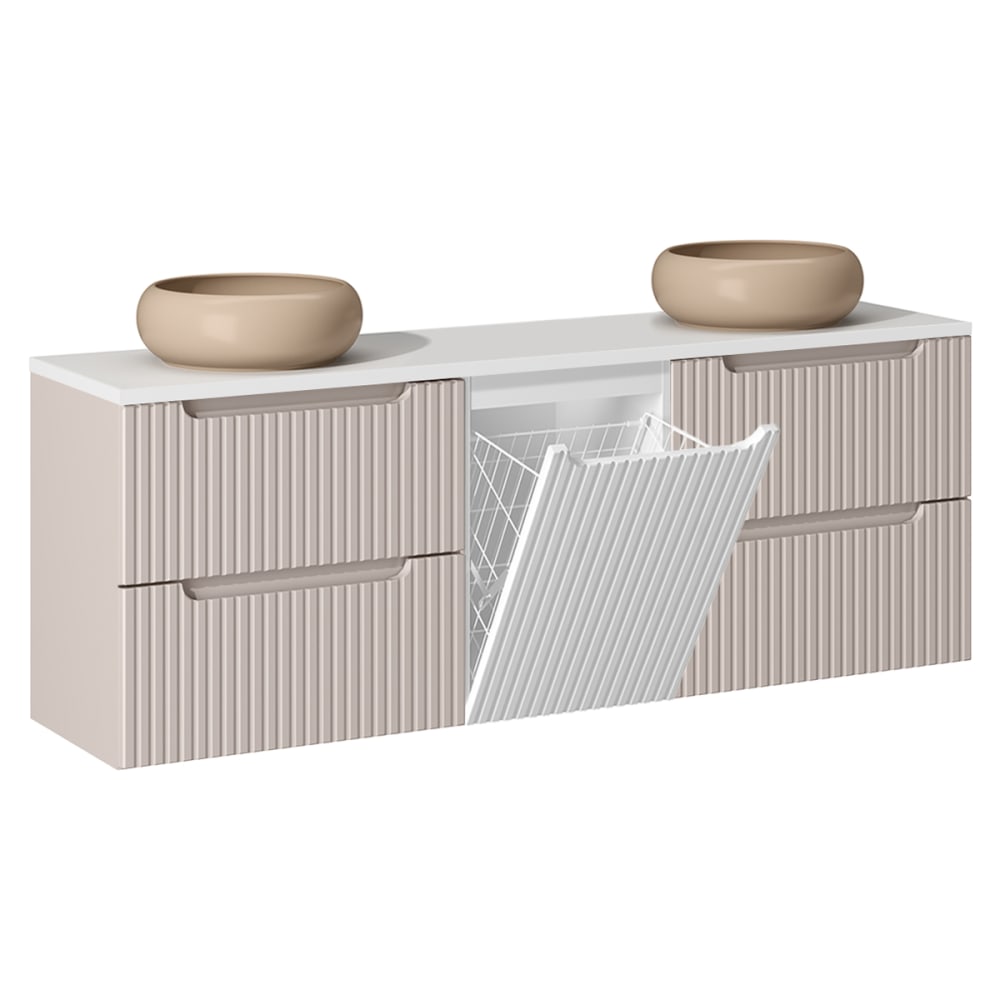 Meuble double vasque 1 panier à linge stratifiés beige