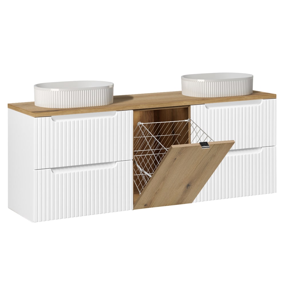 Meuble double vasque 1 panier à linge stratifiés blanc et beige