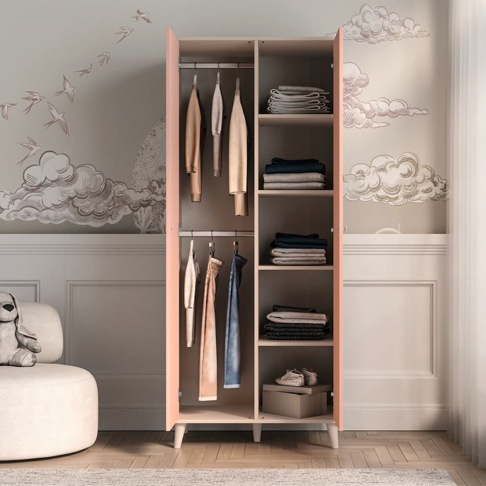 2-türiger Kleiderschrank Beige Holz Beige - Korallenrosa -