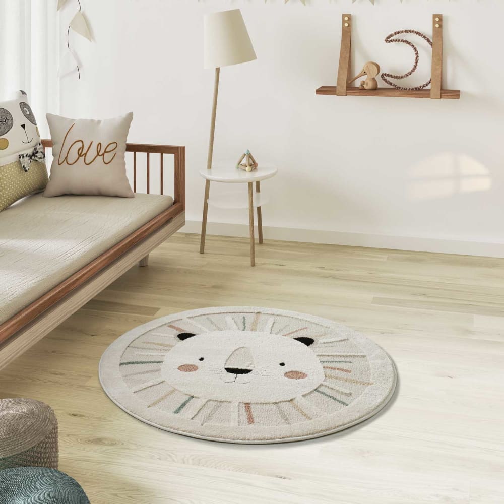 Atticgo Kinderteppich, Löwe, mehrfarbig, D.120 cm style modern WEISS Öko-Tex Zertifikat PP - POLYPROPYLEN Kinder