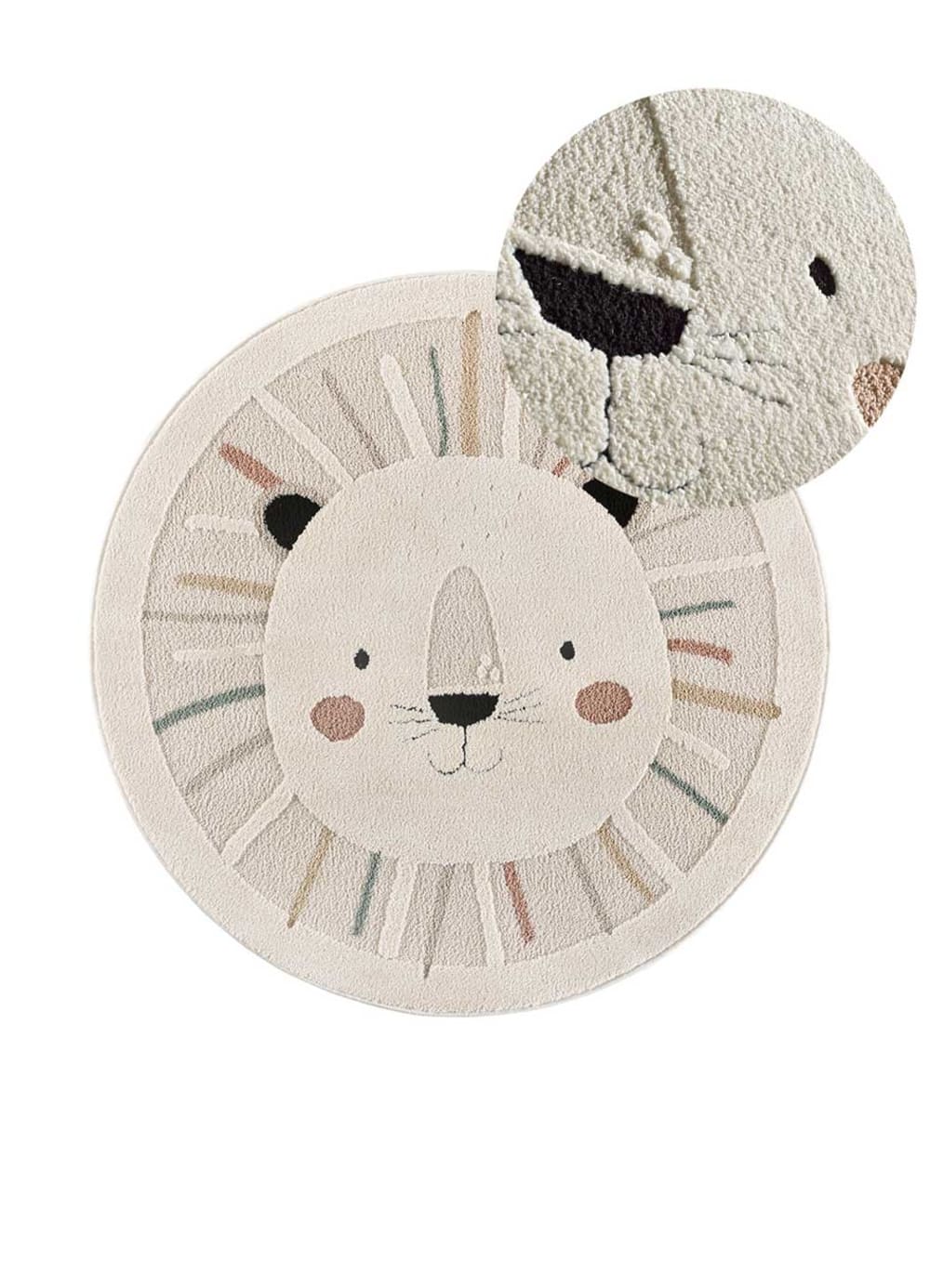 Tapis enfant rond lion blanc/multicolore, 120x120 cm